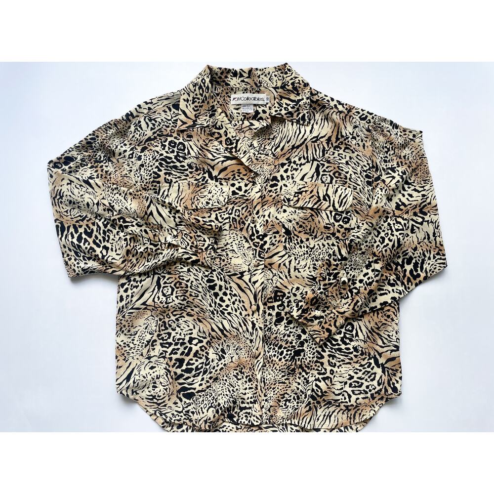 Vintage Long Sleeve Silk Leopard Blouse Collared Button Down Size 10